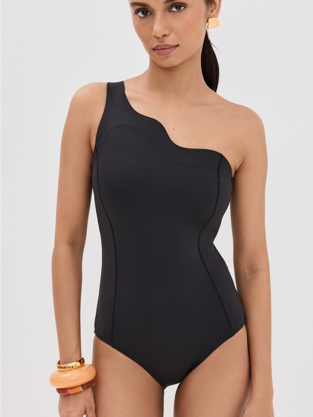 STAUD One-Shoulder Black Sculpted Swimsuit